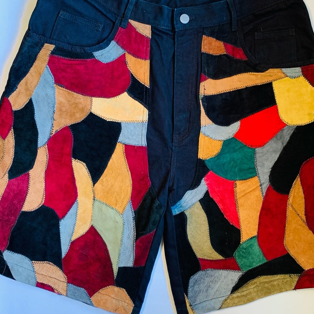- Machine Leather Patchwork Men’s Cargo Shorts. One of a kind!